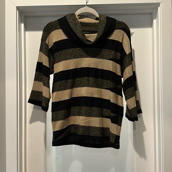 Anne Klein Cowl Neck sweater Tan & Black stripes with Gold metallic acce… - Picture 1 of 12